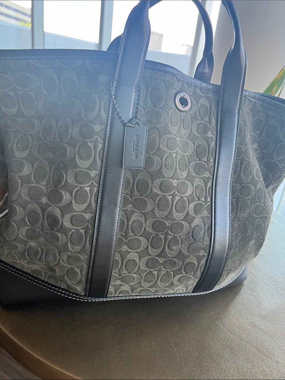 Coach TBY Turnlock Dark Army Gray and Black Signature Leather Tote
